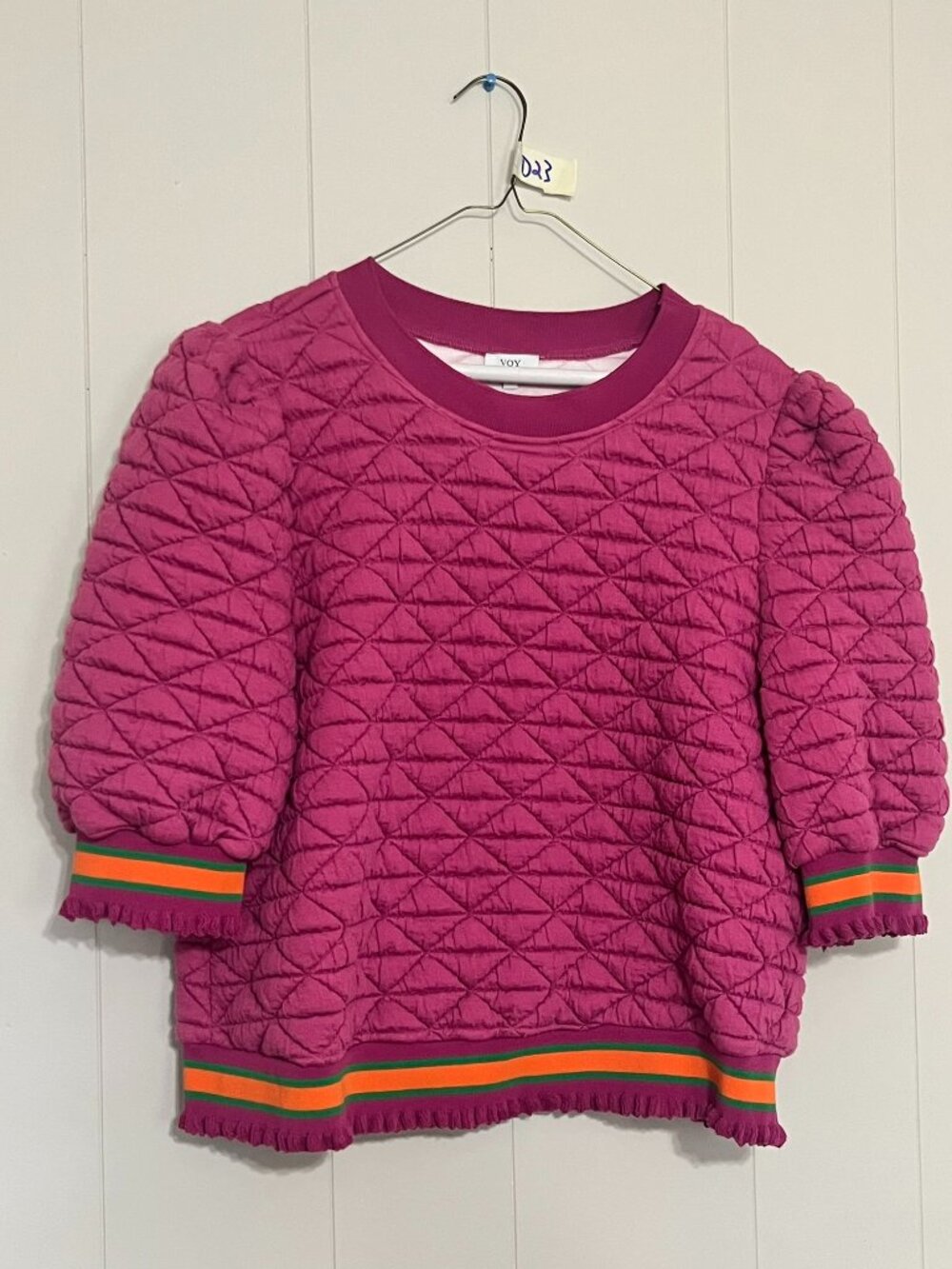 VOY Pink Quilted Puff Sleeve Top Orange Green Striped Trim Size Large